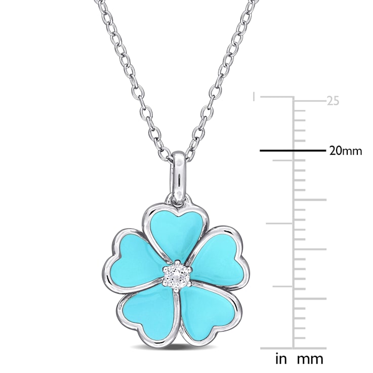 1/10 CT TGW White Topaz with Light Blue Enamel Flower Pendant with Chain
in Sterling Silver