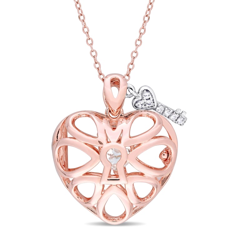 1 1/10 CTW White Topaz Heart Locket and Key Pendant in Rose Plated
Sterling Silver