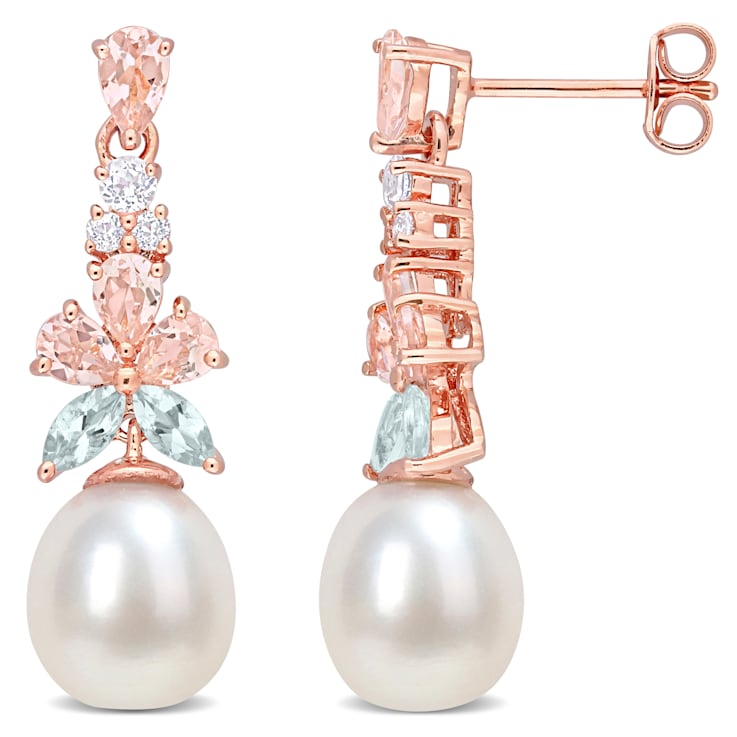 Morganite, Topaz, Aquamarine and 8.5-9MM Cultured Pearl Earrings in 18K
Rose Over Sterling Silver