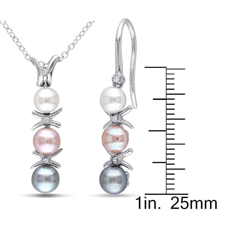 4.5-5.5MM Multi-color Freshwater Cultured Pearl & Diamond Earrings
& Pendant Set in Sterling Silver