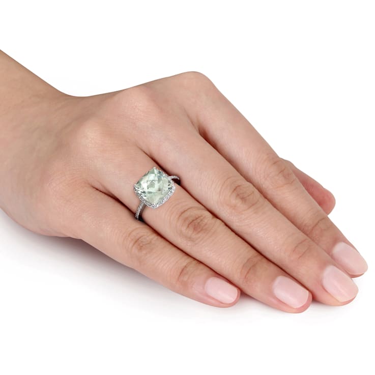4 CT TGW Green Quartz and 1/10 CT TW Diamond Halo Ring in Sterling Silver