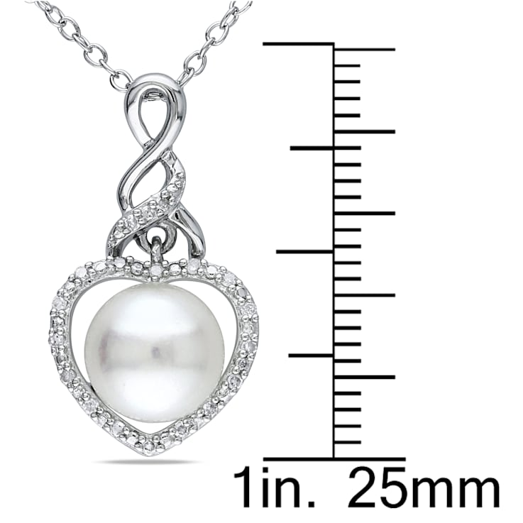 8-8.5MM Freshwater Cultured Pearl and Diamond Heart Pendant with Chain
in Sterling Silver