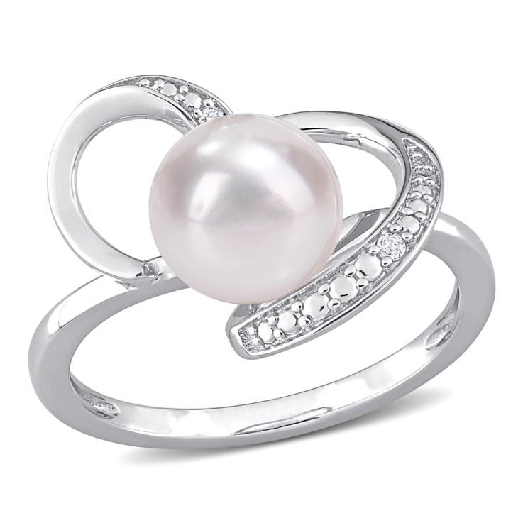 Freshwater Cultured 8-8.5mm Pearl & Diamond 14kt White Gold Ring