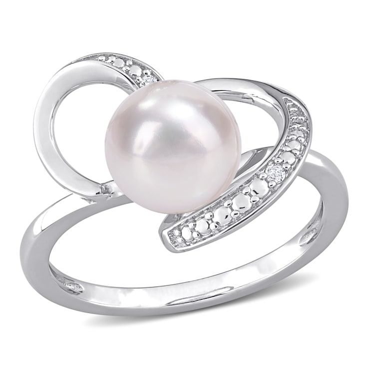 8-8.5MM Freshwater Cultured Pearl and Diamond Accent Heart
