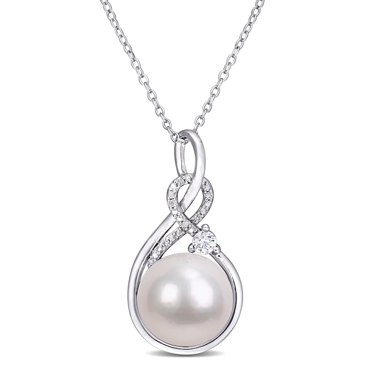 11-12MM Freshwater Cultured Pearl & 1/6 CT TGW Created Sapphire
& Diamond Pendant in Sterling Silver