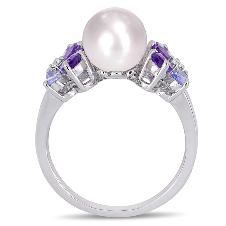 8-8.5MM Freshwater Cultured Pearl, Diamond, Tanzanite, and Amethyst Ring
in Sterling Silver