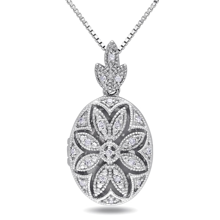 1/10 CT TW Diamond Floral Locket Pendant with Chain in Sterling Silver