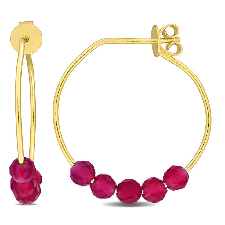 2/5ctw Created Ruby Bead Hoop Earrings in Yellow Plated Sterling Silver