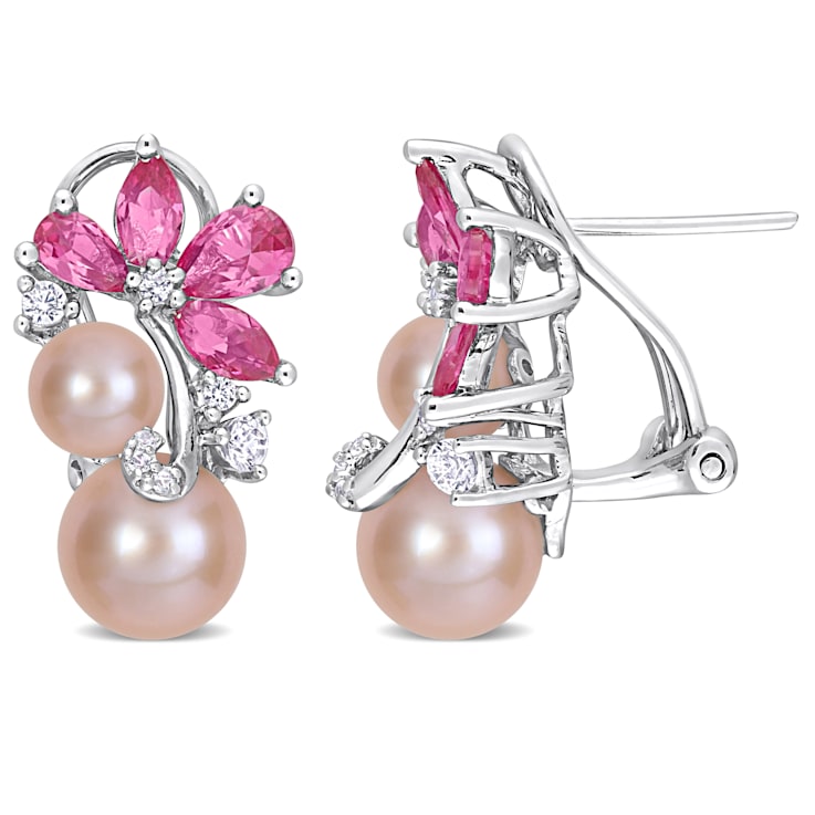 Pink Cultured Pearl & 4 1/4 ctw Created Pink and White Sapphire
Earrings in Sterling Silver
