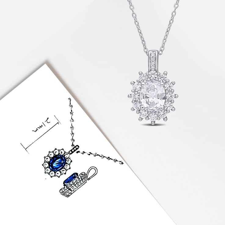 4 CT TGW Created White Sapphire and Diamond Accent Floral Halo Pendant
with Chain in Sterling Silver