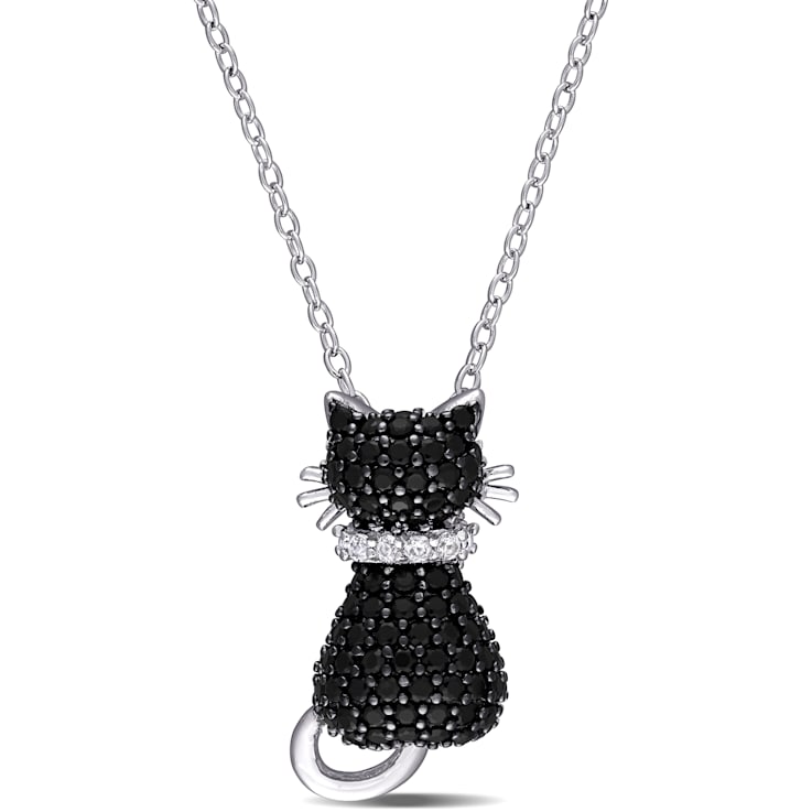 Black Spinel and Created White Sapphire Cat Pendant with Chain in
Sterling Silver with Black Rhodium