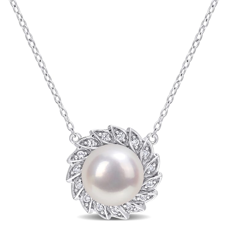 9.5-10MM  Freshwater Cultured Pearl and 1/6 CT TGW Created Sapphire
Pendant in Sterling Silver