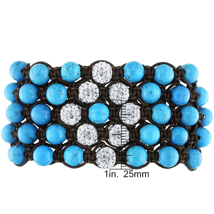 Shambhala Cuff Bracelet on Brown Cotton Cord with Turquoise and White
Cubic Zirconia Beads
