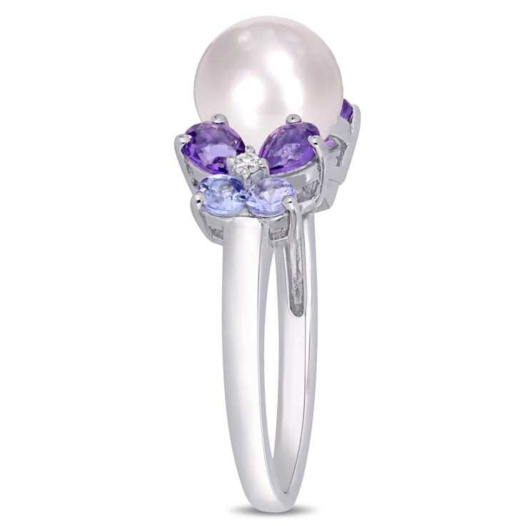 8-8.5MM Freshwater Cultured Pearl, Diamond, Tanzanite, and Amethyst Ring
in Sterling Silver