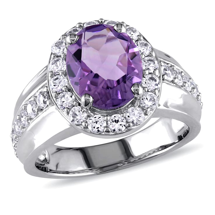 3 3/8 CT TGW Amethyst and Created White Sapphire Halo Ring in Sterling Silver