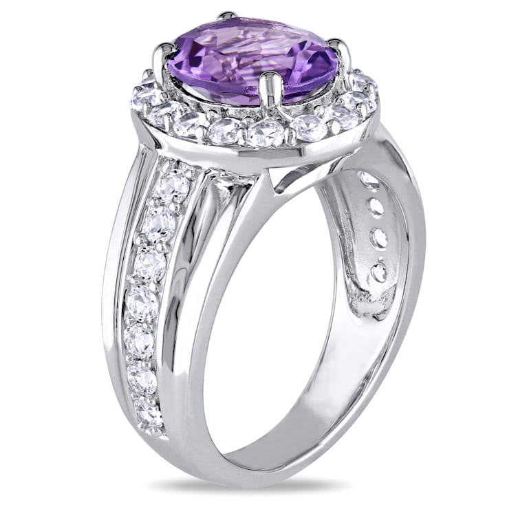 3 3/8 CT TGW Amethyst and Created White Sapphire Halo Ring in Sterling Silver