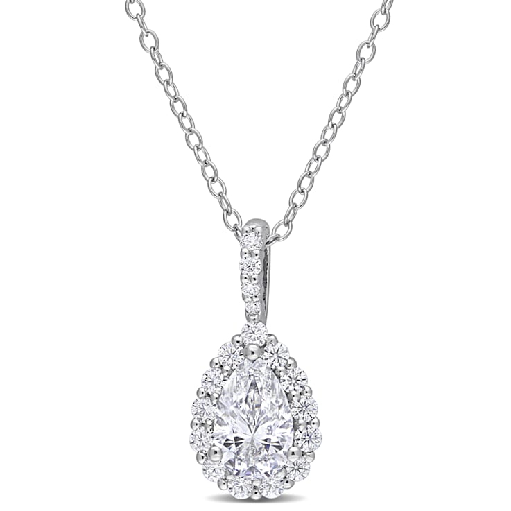 1 1/3 CT DEW Created Moissanite Teardrop Halo Pendant in Sterling Silver