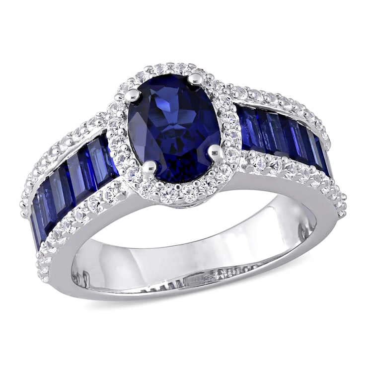 4 3/4 CT TGW Created Blue and White Sapphire Vintage Halo Ring in
Sterling Silver