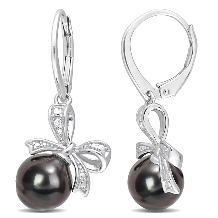 8-9MM Black Tahitian Cultured Pearl and Diamond Accent Bow Leverback
Earrings in Sterling Silver