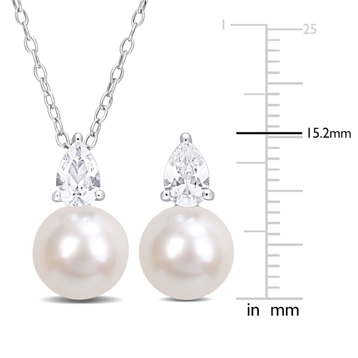 8.5-9MM Freshwater Cultured Pearl and Created Sapphire Earrings &
Necklace Set in Sterling Silver