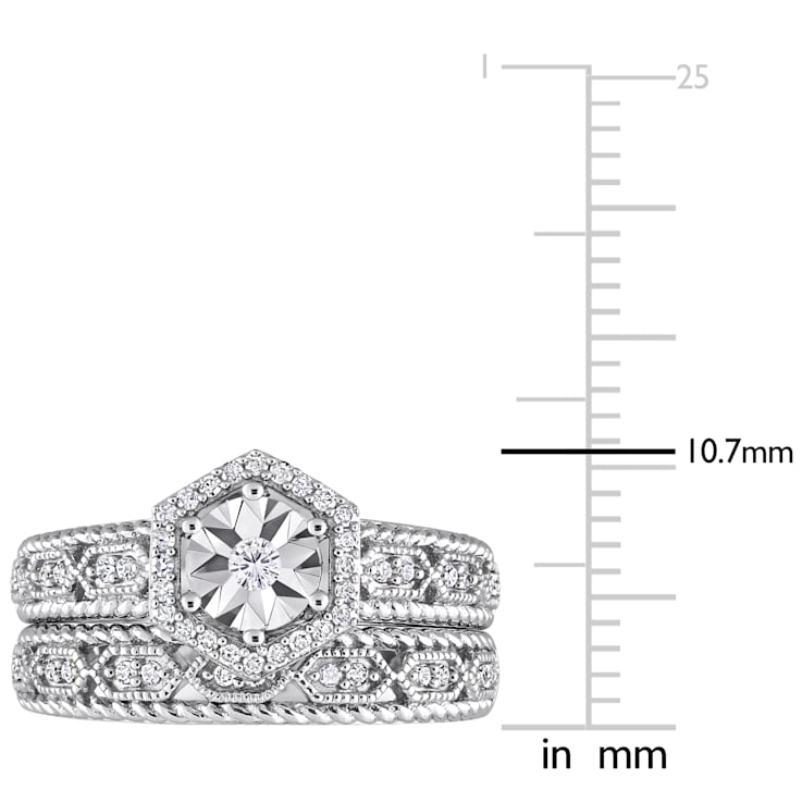 1/4 CT TW Diamond Hexagon Halo Bridal Ring Set in Sterling Silver