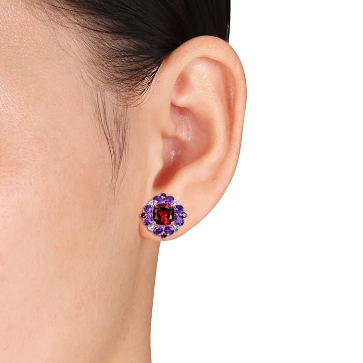 8-7/8ctw Garnet and Amethyst Floral Earrings in Sterling Silver