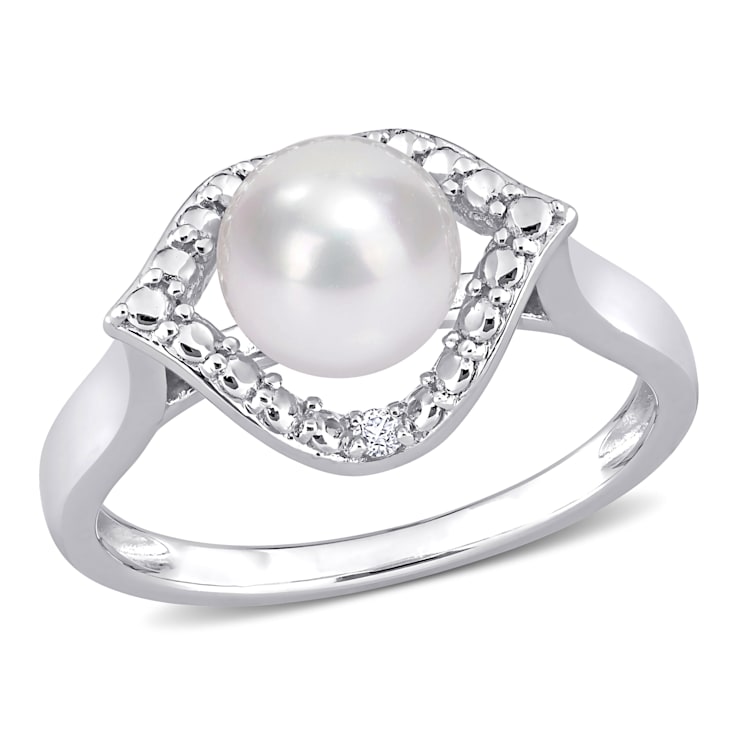 7-7.5MM Freshwater Cultured Pearl and Created White Sapphire Halo Ring
in Sterling Silver