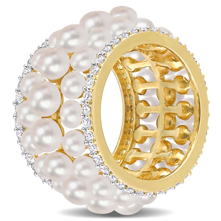 3-4.5MM Freshwater Cultured Pearl & Created White Sapphire Ring in
Yellow Plated Sterling Silver