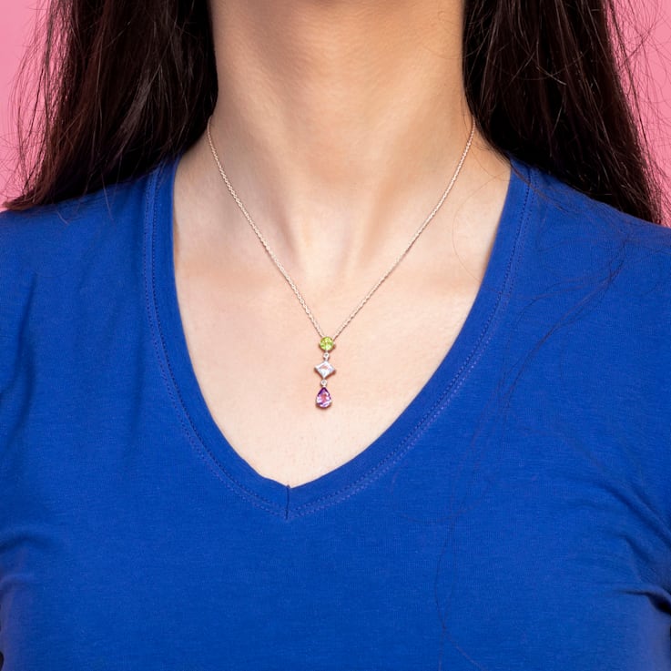 3 1/8 CT TGW Multi-Gemstones Drop Pendant with Chain in Sterling Silver