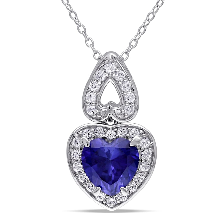 3 1/10 CTW Created Blue and Created White Sapphire Heart Halo Sterling
Silver Pendant w/Chain