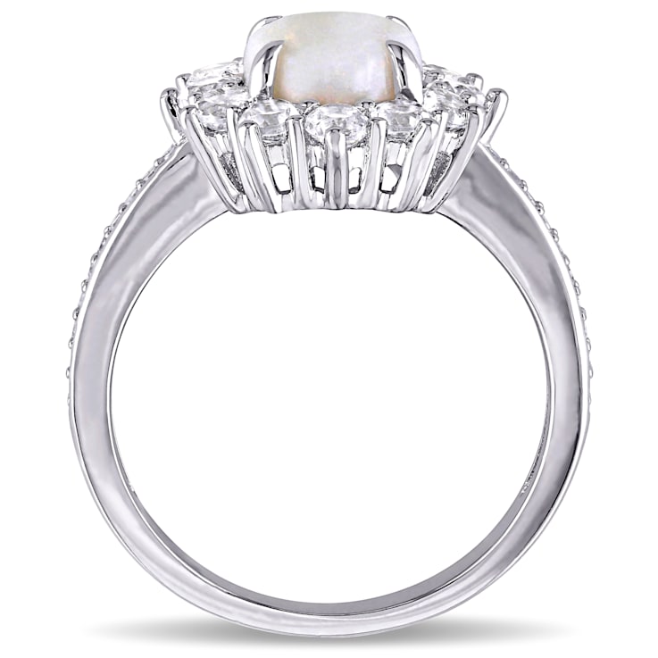 2 CT TGW Opal, White Topaz and 1/10 CT TW Diamond Halo Ring in Sterling Silver