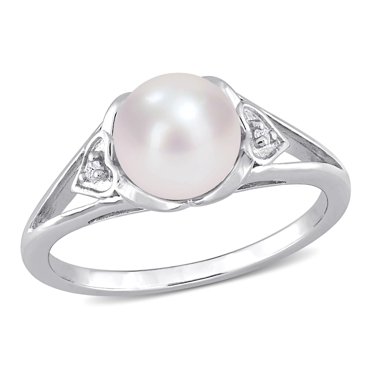 7-7.5MM Freshwater Cultured Pearl and Diamond Accent Split-Shank Ring in
Sterling Silver