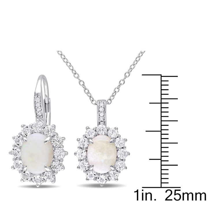 2-Pcs Set of 5 7/8 CT TGW Opal and Diamond Halo Leverback Earrings and
Pendant in Sterling Silver