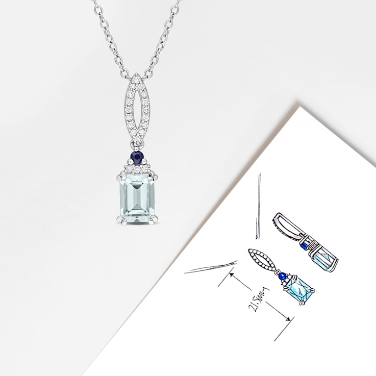 1 CT TGW Aquamarine, Blue Sapphire and 1/10 CT TDW Diamond Necklace in
Sterling Silver