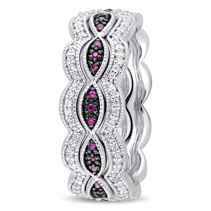 1 5/8 CT TGW Created White Sapphire and Created Ruby Ring Set in
Sterling Silver with BlacK Rhodium