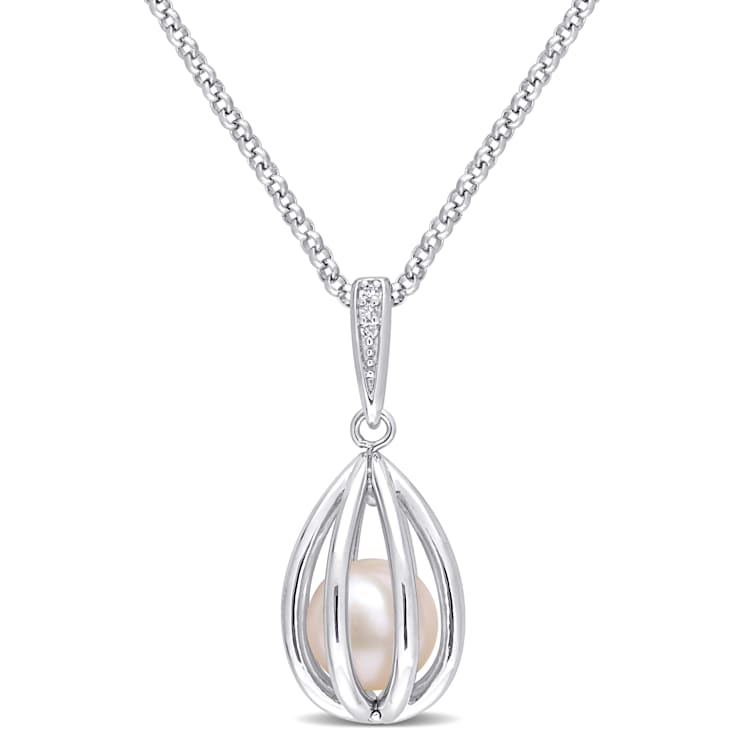 8-8.5 MM Freshwater Cultured Pearl and Diamond Accent Pearl Pendant with
Chain in Sterling Silver