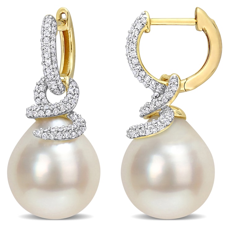10-11MM South Sea Cultured Pearl and 1/2 CT TW Diamond Swirl Earrings in
14K Yellow Gold