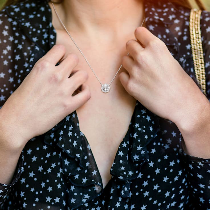 1 1/2 CT DEW Created Moissanite Halo Necklace in Sterling Silver