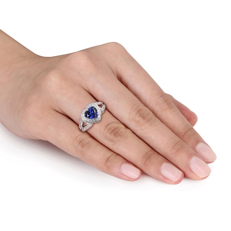 4 3/8 CT TGW Created Blue and White Sapphire Heart Ring in Sterling Silver