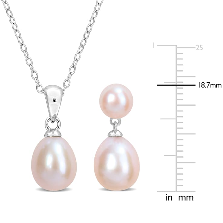 5.5-8.5MM Pink Freshwater Cultured Pearl Earrings & Pendant Set in
Sterling Silver