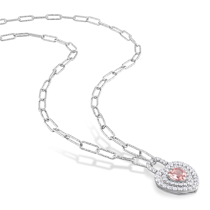 1 3/8 CT TGW Morganite and Created White Sapphire Double Halo Heart Lock
Necklace in Sterling Silver