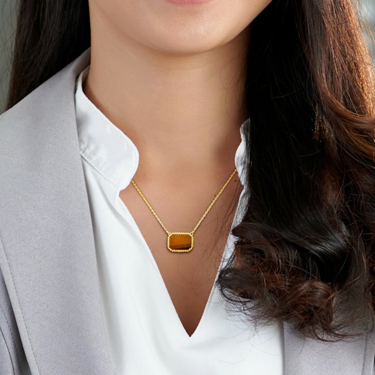 5 CT TGW Tiger Eye Necklace with Beaded Halo in Yellow Plated Sterling Silver