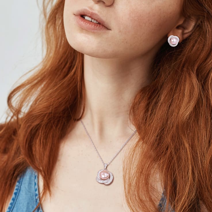 9.5-10.5MM Pink Freshwater Cultured Pearl & Cubic Zirconia Pendant
& Earrings Set in Sterling Silver