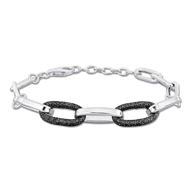 Black Enamel Oval Link Bracelet in Sterling Silver
