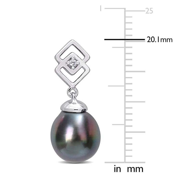 8-9MM Black Tahitian Cultured Pearl and White Topaz Drop Earrings in
Sterling Silver