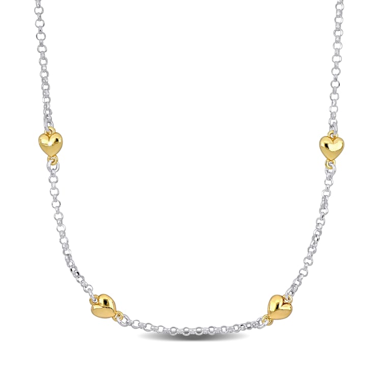 Heart Charm Station Necklace in 2-Tone Sterling Silver
