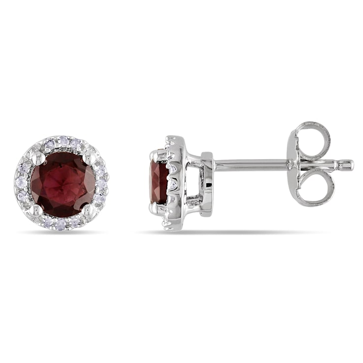 1 1/6  CT TGW Garnet and Diamond Accent Halo Stud Earrings in Sterling Silver