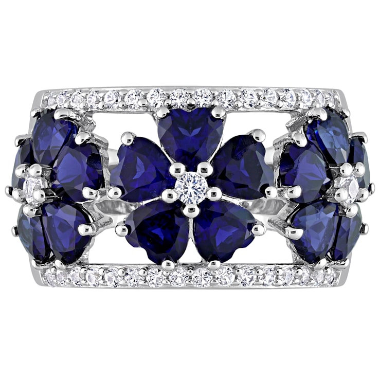 4 1/2 CT TGW Created Blue and White Sapphire Floral Ring in Sterling Silver