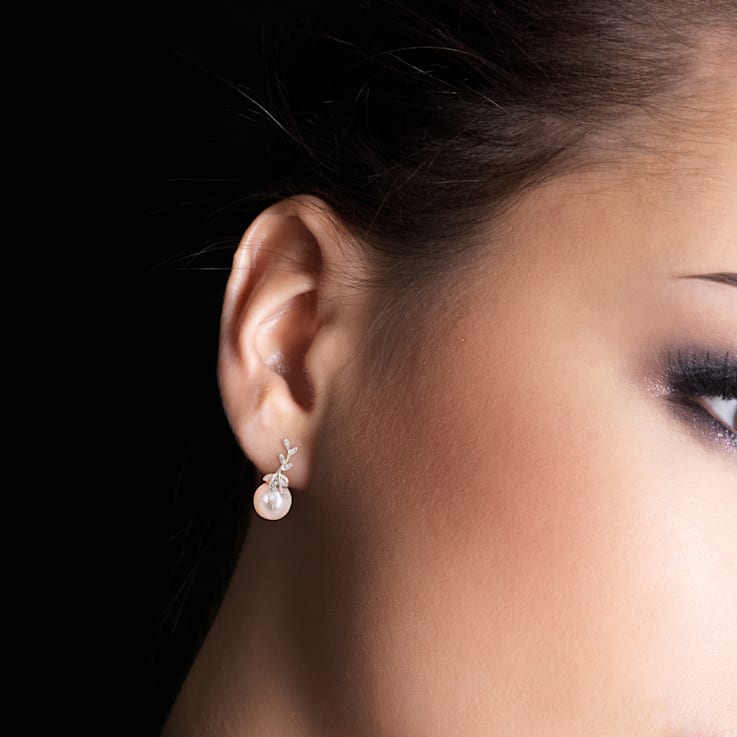 11-12MM Freshwater Cultured Pearl and Diamond Accent Leaf Earrings in
14K White Gold
