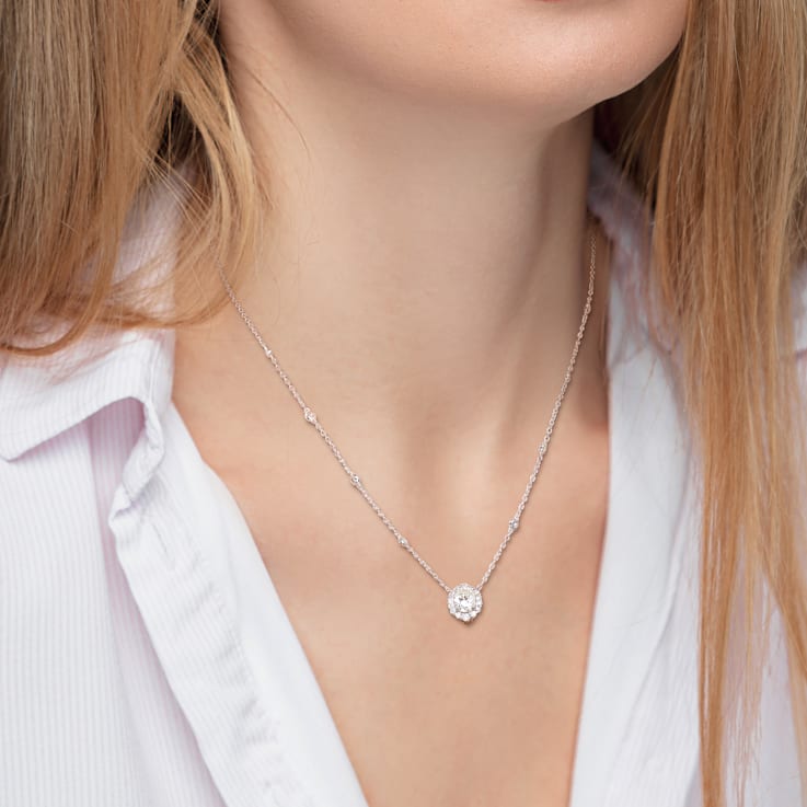1 1/2 CT DEW Created Moissanite Halo Station Necklace in Sterling Silver